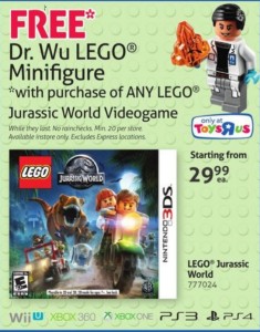 Lego Toys-R-Us Canada Gree Dr Wu Ad with Purchase of any Lego Jurassic WOrld Video game