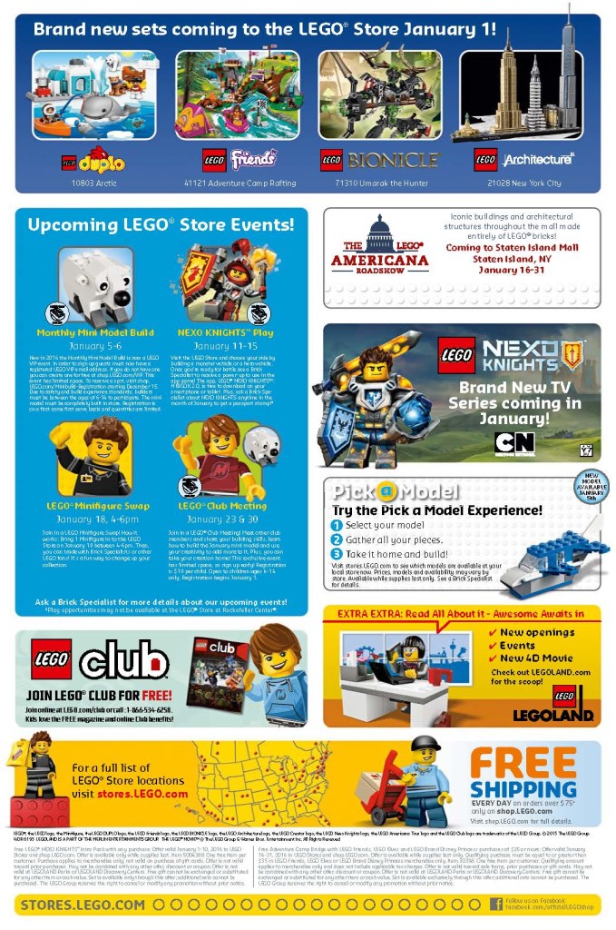 Lego January 2016 Store Calendar Back