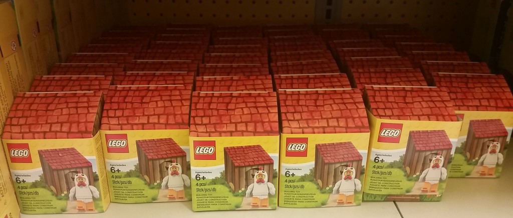 Lego Chicken Suit Guy Easter Promotional Figure Picture Shelves at Toys R Us In Store Now