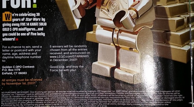I found the last few advertisments from 2007 for the Solid Gold C-3PO Minifigure promotion