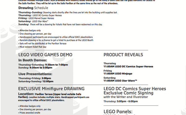 Lego SDCC Calendar of Events for this week